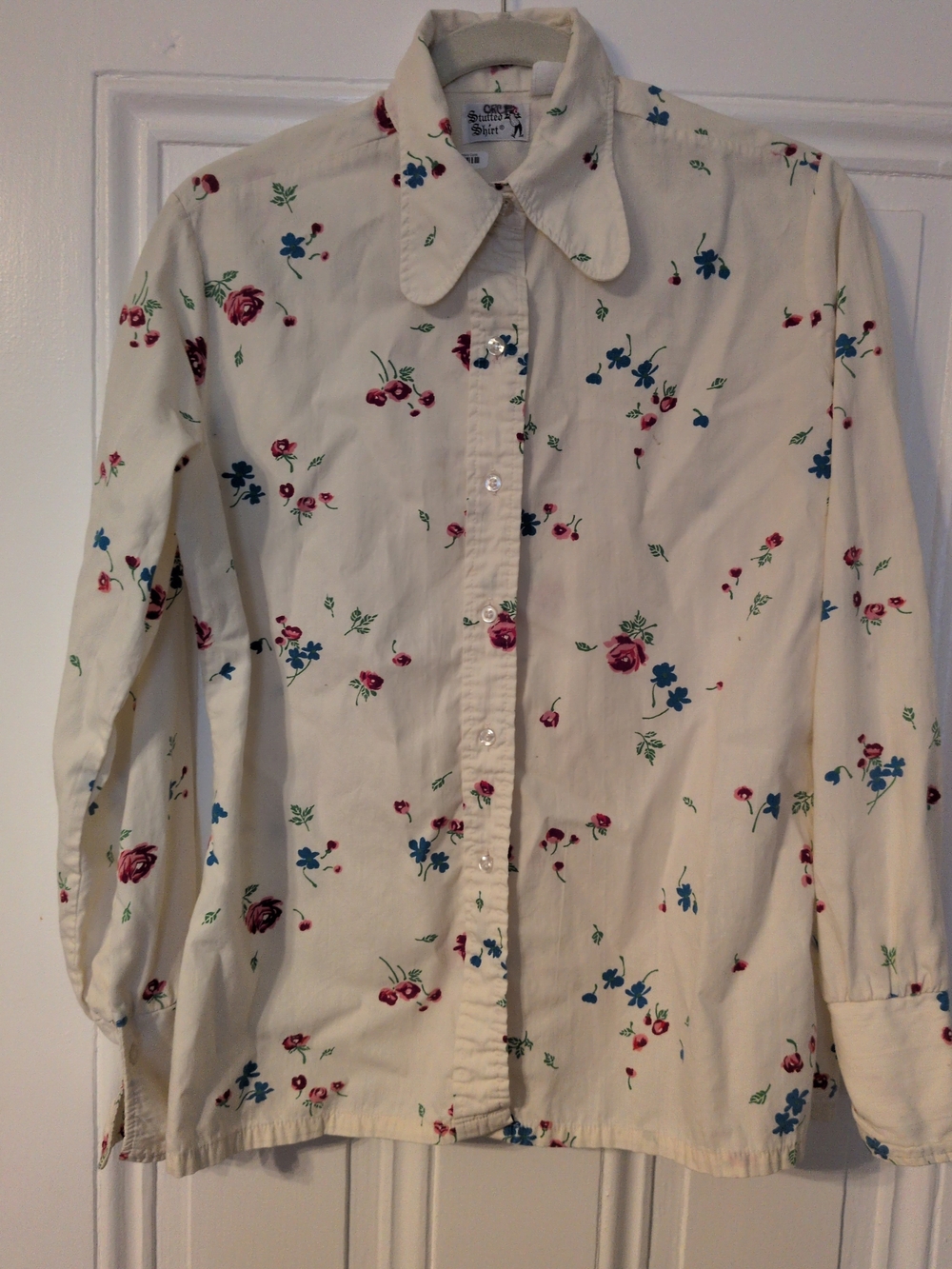 Vintage Cream Floral Button-Down Shirt With Dog Ear Collar, French Cuffs